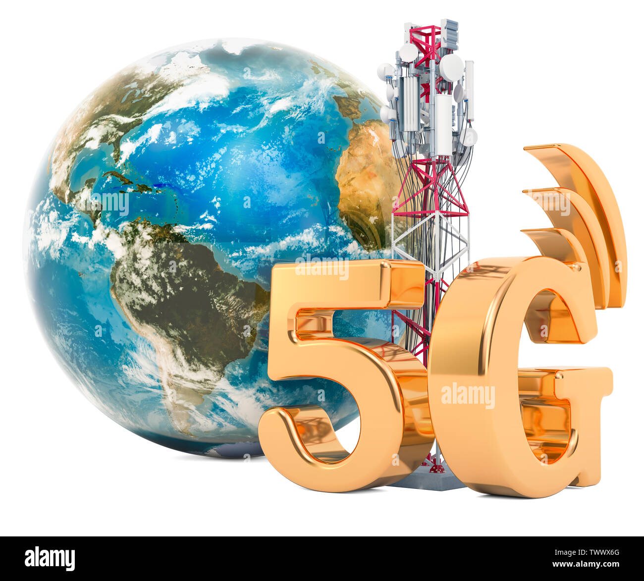 Earth Globe with mobile tower, 5G concept. 3D rendering isolated on white background Stock Photo