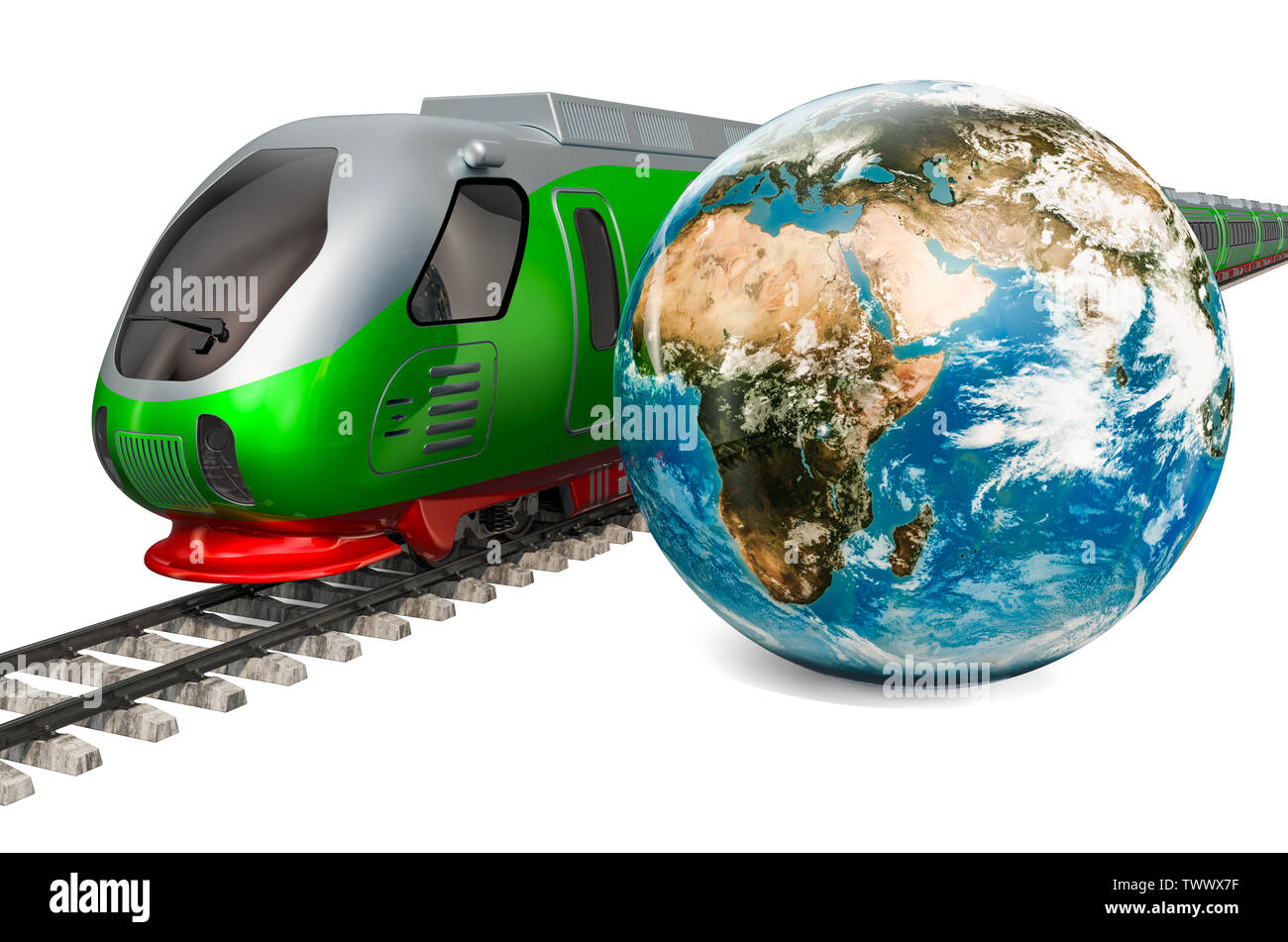 Global Rail Travel concept. High speed train with Earth Globe, 3D rendering isolated on white background Stock Photo
