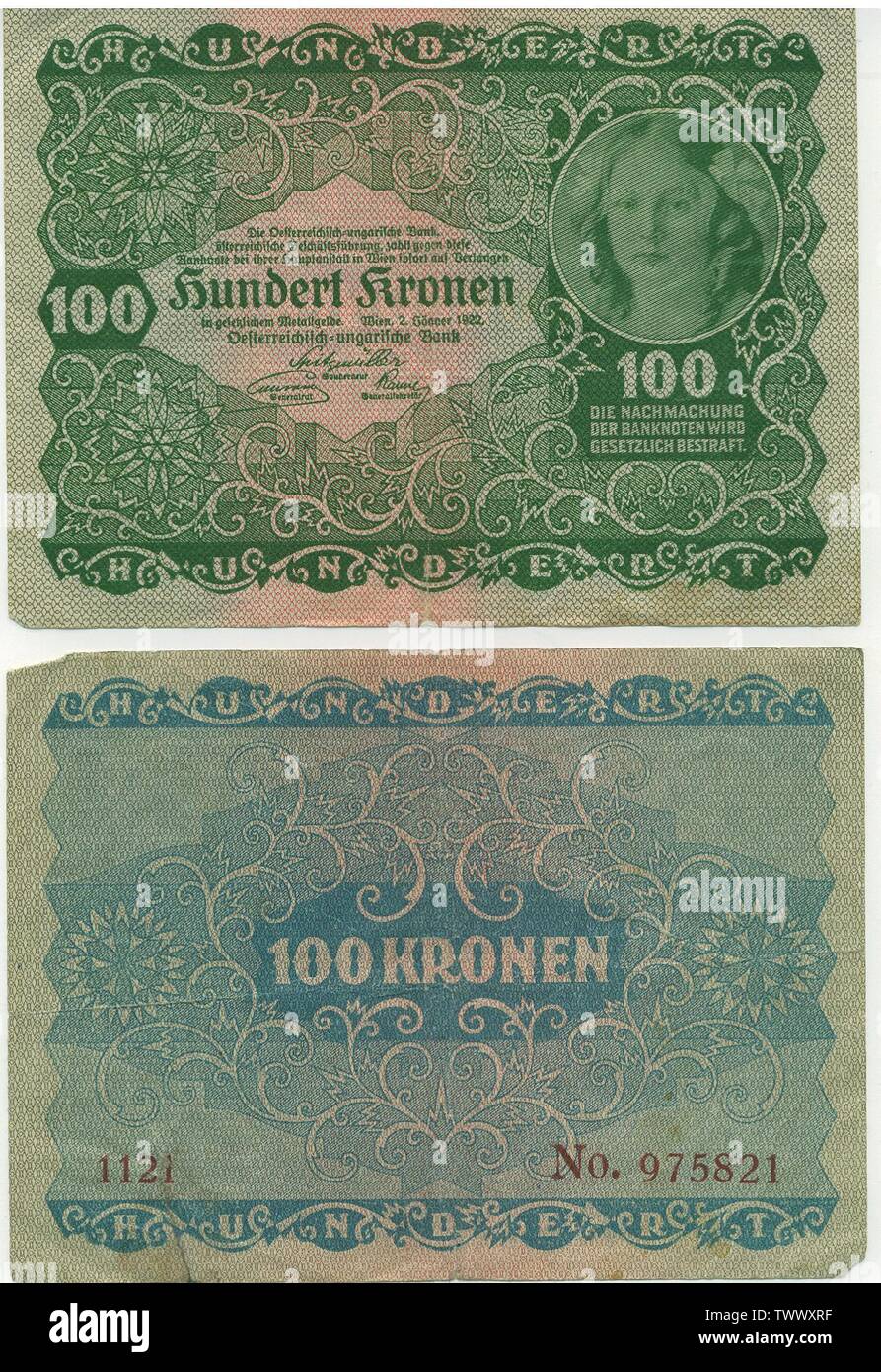 Austrian banknote 100 Kronen (1922) Österreichische Banknote von 1922 über 100 Kronen. - nicht mehr in Ungarn verwendbar.; 2 January 1922; Self-scanned; Österreichisch-Ungarischen Bank, österreichische Geschäftsführung; Stock Photo