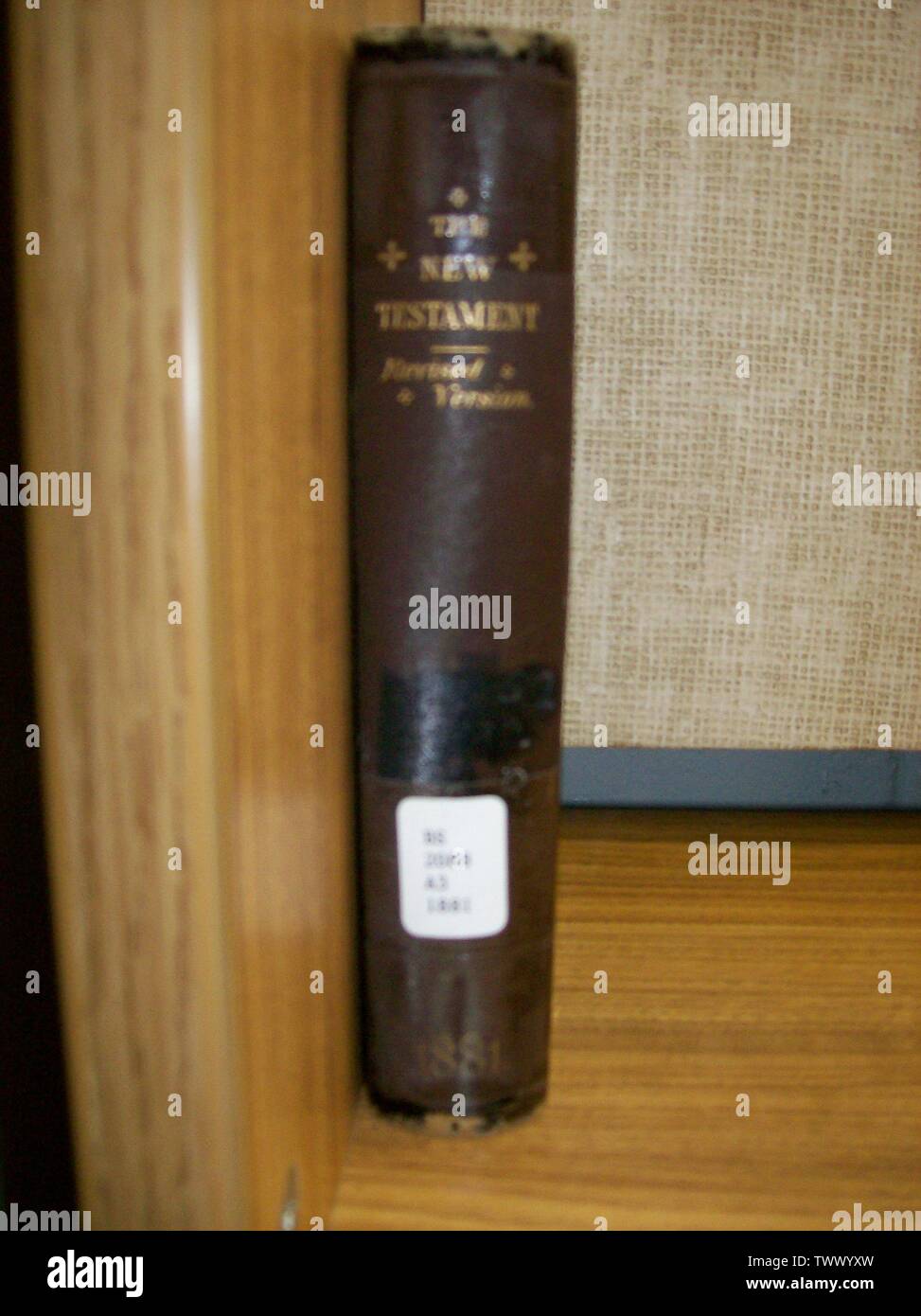 This is a photo I took of an antique copy of the 1881 Revised Version of the New Testament. I found this in the library at Calvary Bible College, hence the library marker on the spine. The photo is all my own work, and the RV Bible has never had any valid copyright in the United States. I intend to use it to illustrate the article on the Revised Version, and I grant anyone who wants to use it the right to do so.; 3 October 2007 (original upload date); Transferred from en.pedia to Commons by Liftarn using CommonsHelper.; JoBrLa at English pedia; Stock Photo