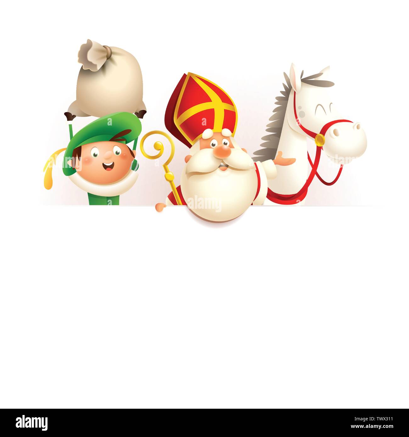 Saint Nicholas or Sinterklaas horse and helper Zwarte Piet on board - cute characters celebrate Dutch holiday - vector illustration isolated on Stock Vector Image & Art - Alamy