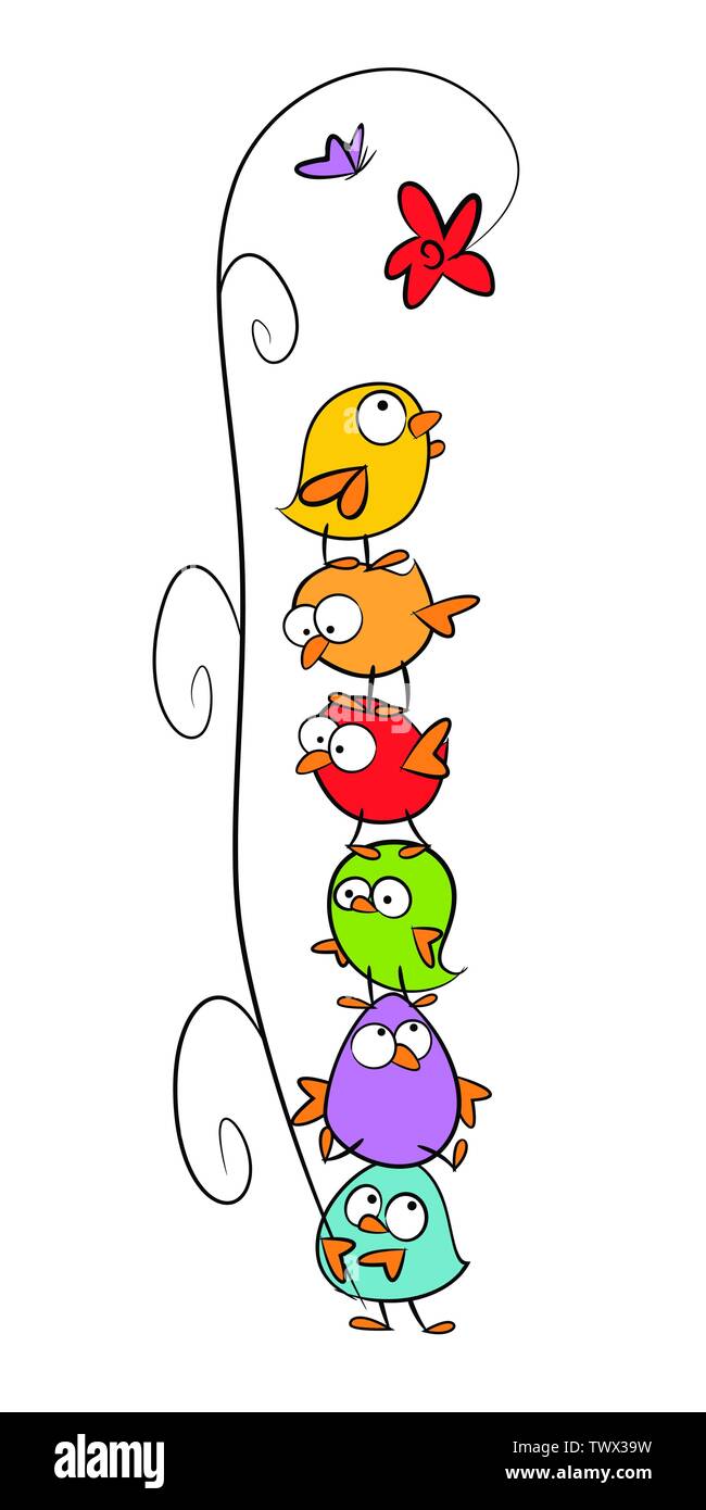 Funny Birds standing one on another - colorful hand drawn vector illustration Stock Vector