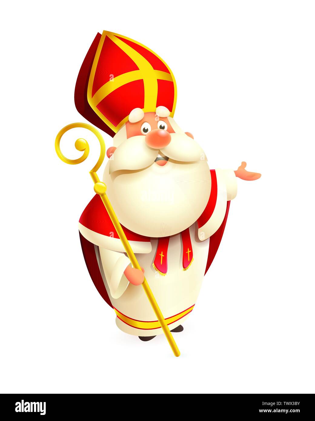 Cute Saint Nicholas with gold scepter presents - vector illustration isolated on white background Stock Vector
