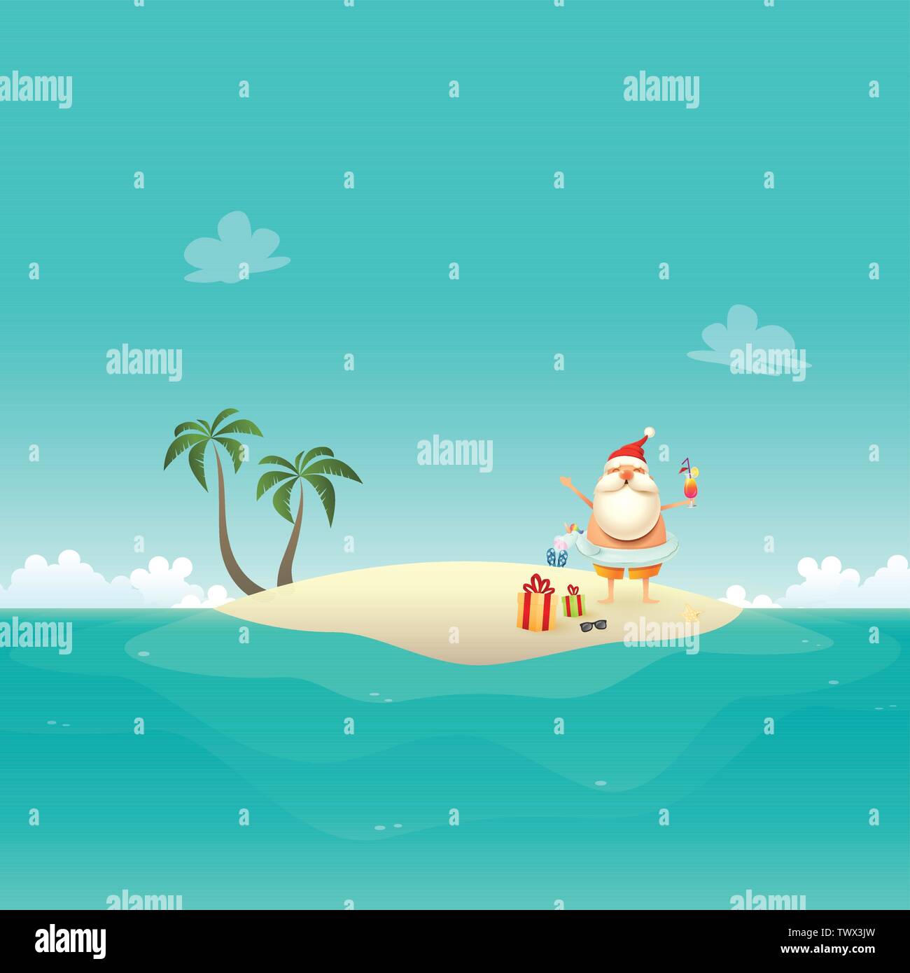 Santa Claus celebrate summer at sandy island with inflatable Unicorn swim ring - Christmas in June background Stock Vector