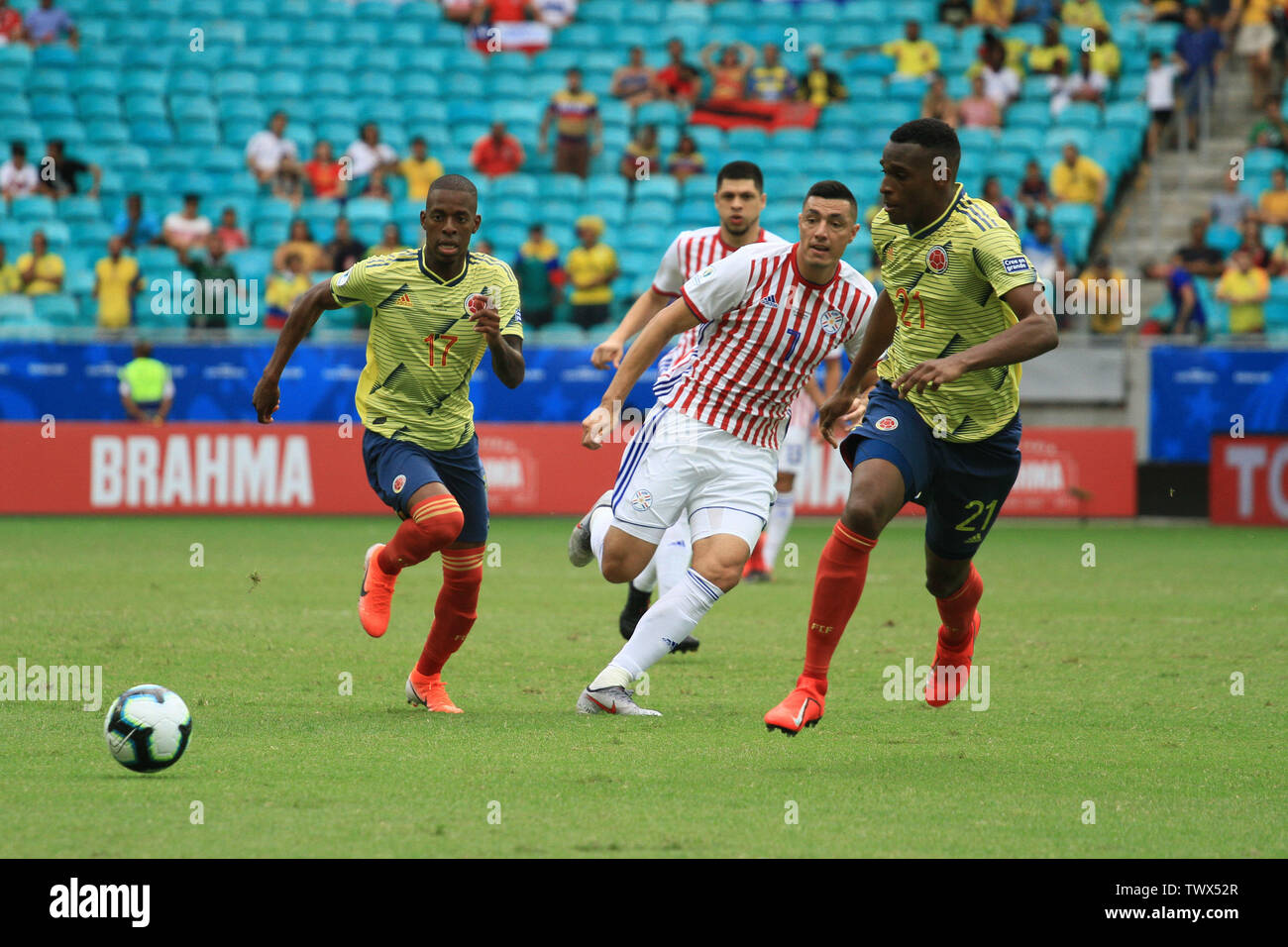 Salvador, Brazil. 23rd June, 2019. Cristian Borja, Oscar Cardozo and Jhon Lucumi during a match between Colombia and Paraguay, valid for the group stage of the Copa America 2019, held this Sunday (23) at the Arena Fonte Nova in Salvador, BA. Credit: Mauro Akiin Nassor/FotoArena/Alamy Live News Stock Photo