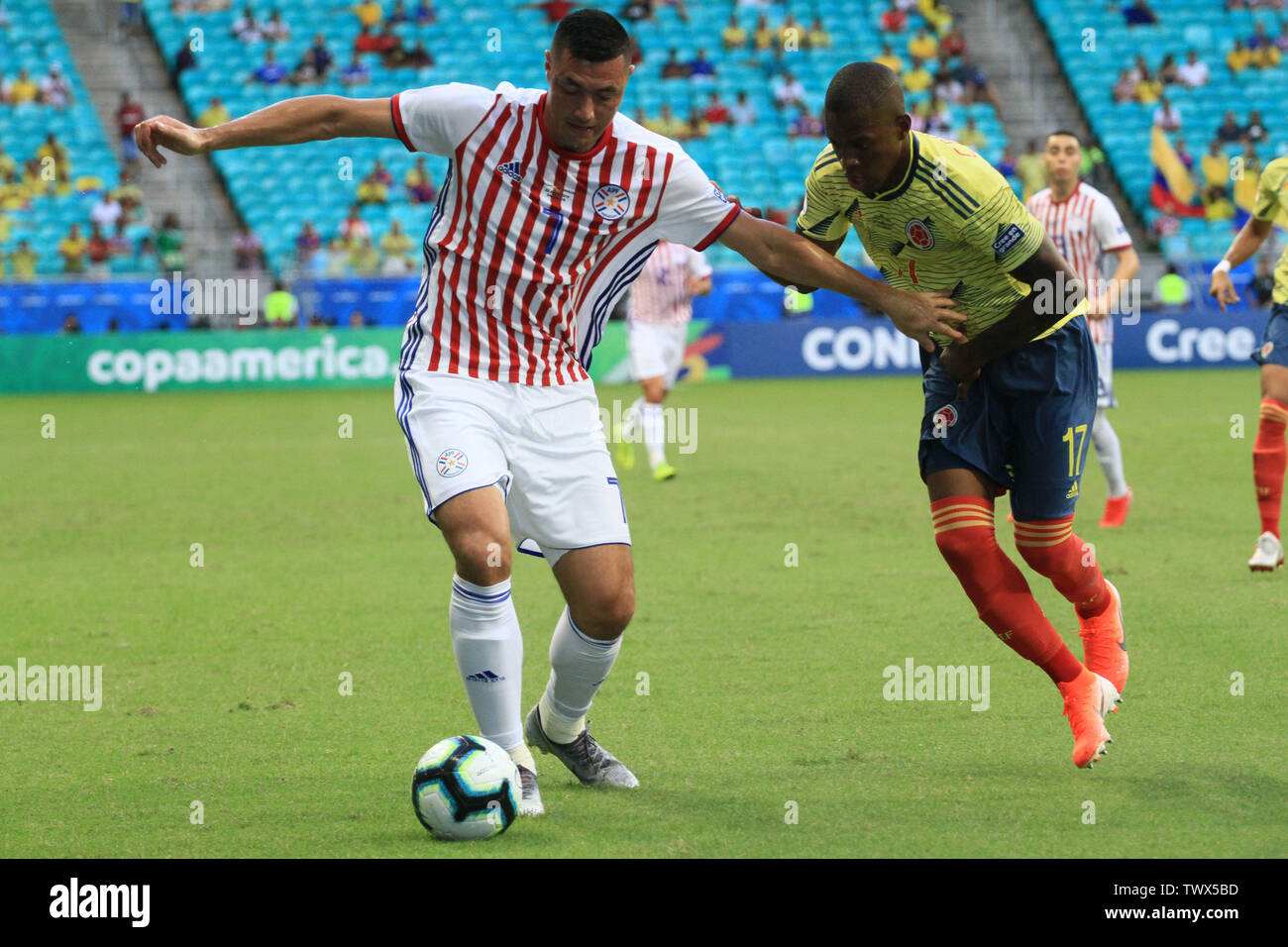 Salvador, Brazil. 23rd June, 2019. Oscar Cardozo tries to leave the mark of Cristian Borja during a match between Colombia and Paraguay, valid for the group stage of Copa America 2019, held this Sunday (23) at the Arena Fonte Nova in Salvador, BA. Credit: Mauro Akiin Nassor/FotoArena/Alamy Live News Stock Photo