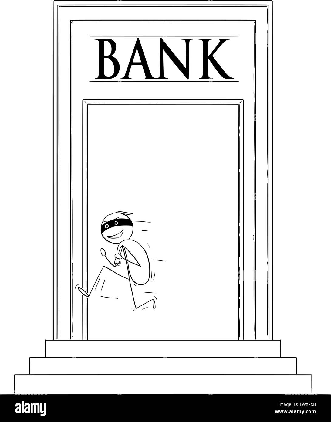 Vector cartoon stick figure drawing conceptual illustration of robber or man in mask running away from bank building with stolen bag of dollars or cash money. Stock Vector