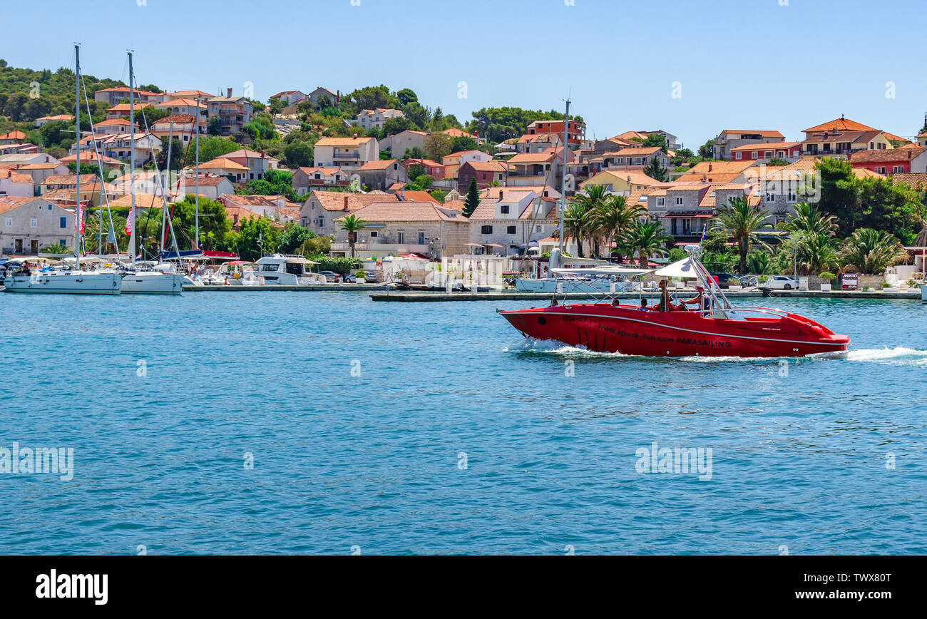 View of the port and embankment from the fortress of the city of Trogir. Stock Photo