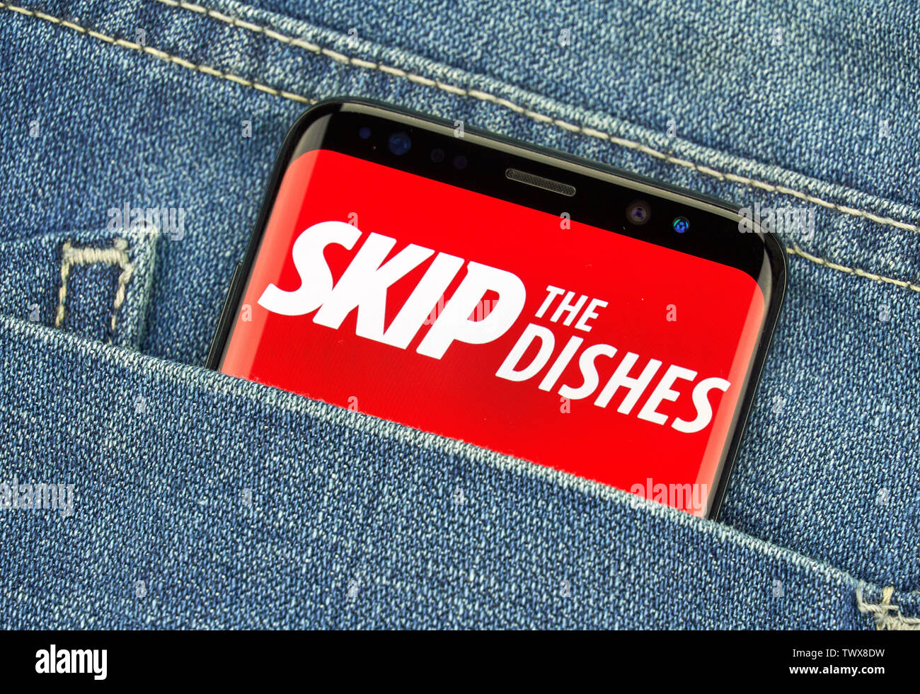 MONTREAL, CANADA - December 23, 2018: Skip the Dishes android app on Samsung s8 screen. SkipTheDishes is a Canadian technology company headquartered i Stock Photo