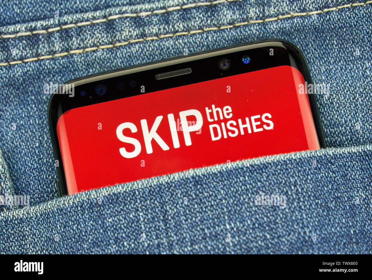 MONTREAL, CANADA - December 23, 2018: Skip the Dishes android app on Samsung s8 screen. SkipTheDishes is a Canadian technology company headquartered i Stock Photo