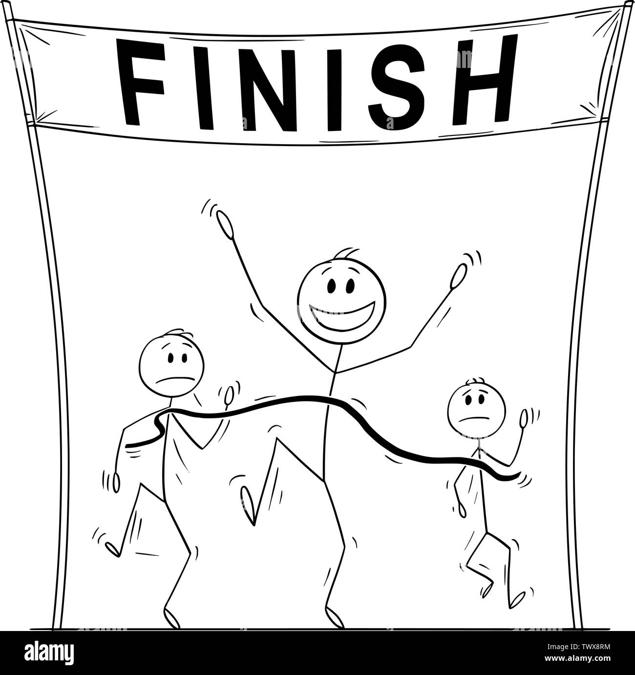 Vector cartoon stick figure drawing conceptual illustration of victorious man, who is first on the finish line of the race or rune and beating his slower business competitors. Stock Vector