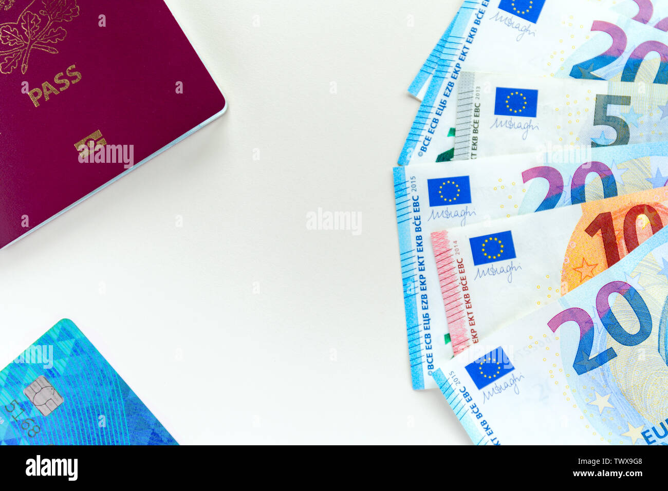 euro money denominations of various denominations, a European passport and a bank card Stock Photo