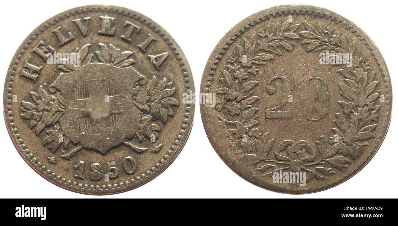 20 centimes rappen suisse billon 1850; 10 April 2009; Own work; J. Courtois, Original uploader was Ivlianvs at fr.pedia; Stock Photo