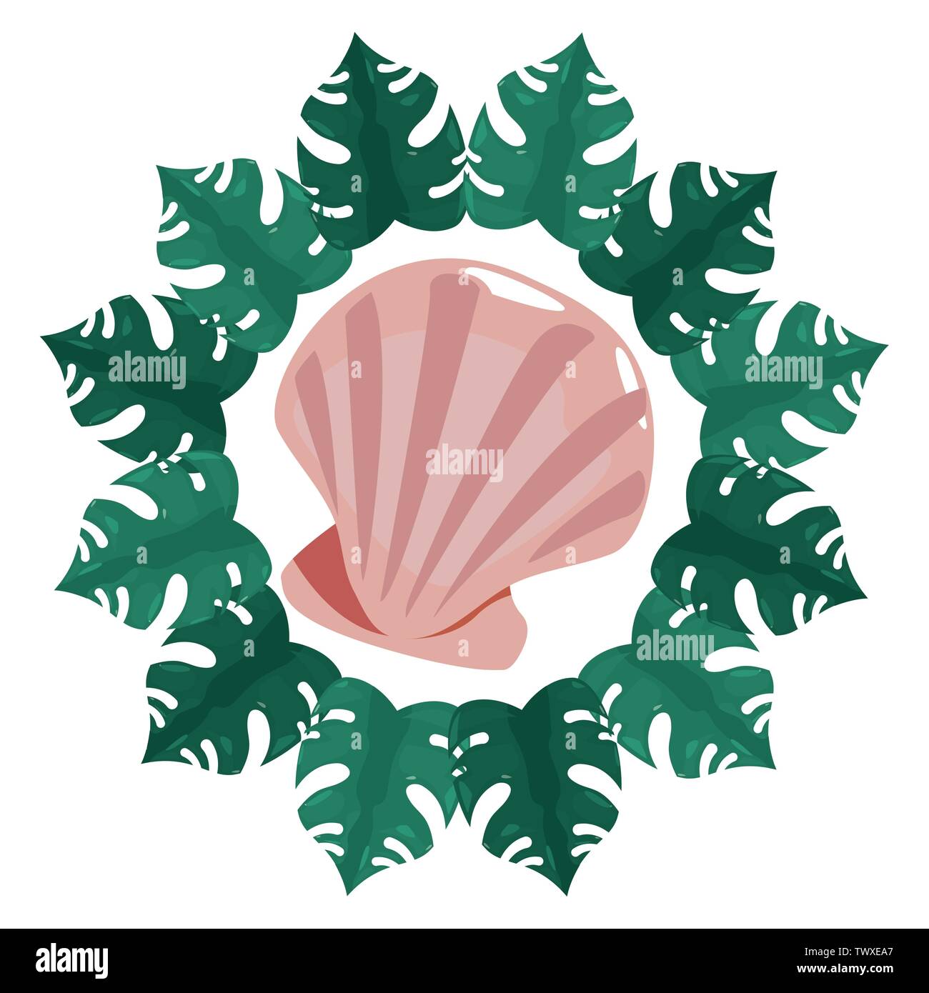 seashell wildlife frame tropical leaves summer vector illustration ...