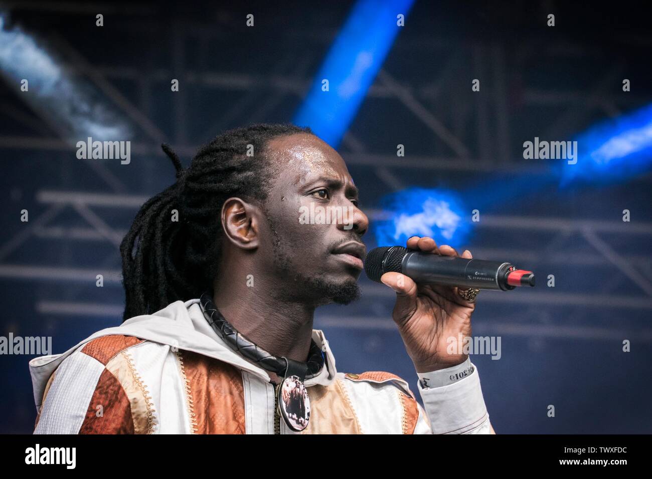 Liverpool, Merseyside, UK. 23rd June 2019. Africa Oye Music Festival.  Carlou D performs at the fantastic Africa Oyé Festival in Liverpool;s Sefton Park. The UK’s largest free celebration of African music and culture, takes place annually in Liverpool. Beginning in 1992 as a series of small gigs in the city centre, the event has gone from strength to strength, moving to its present Sefton Park home in 2002 to cope with demand.  Credit: Cernan Elias/Alamy Live News Stock Photo