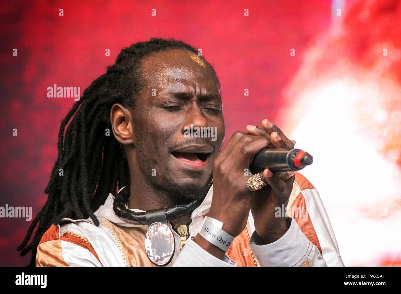 Liverpool, Merseyside, UK. 23rd June 2019. Africa Oye Music Festival.  Carlou D performs at the fantastic Africa Oyé Festival in Liverpool;s Sefton Park. The UK’s largest free celebration of African music and culture, takes place annually in Liverpool. Beginning in 1992 as a series of small gigs in the city centre, the event has gone from strength to strength, moving to its present Sefton Park home in 2002 to cope with demand.  Credit: Cernan Elias/Alamy Live News Stock Photo