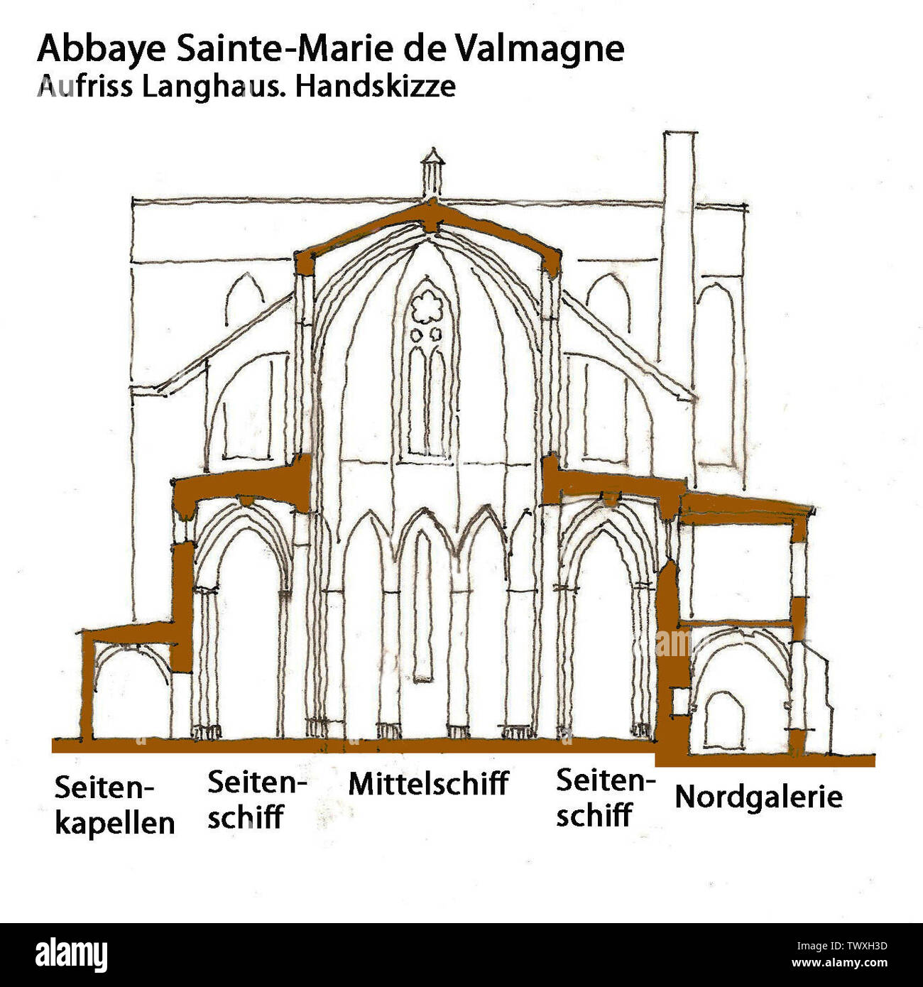 Abbaye de Valmagne, Aufriss Langhaus, Handskizze; 22 March 2011; Own work (Original text:  selbst gezeichnet); Jochen Jahnke; Stock Photo
