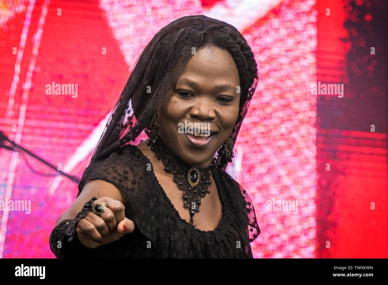 Liverpool, Merseyside, UK. 23rd June 2019. Africa Oye Music Festival.  Moonlight Benjamin performs at the fantastic Africa Oyé Festival in Liverpool;s Sefton Park. The UK’s largest free celebration of African music and culture, takes place annually in Liverpool. Beginning in 1992 as a series of small gigs in the city centre, the event has gone from strength to strength, moving to its present Sefton Park home in 2002 to cope with demand.  Credit: Cernan Elias/Alamy Live News Stock Photo