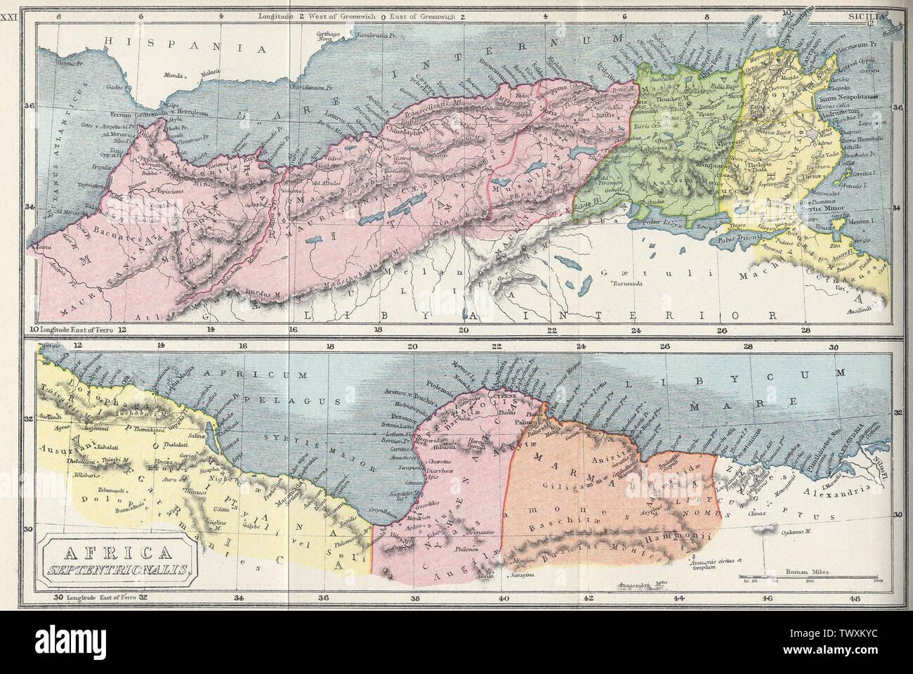 Nordafrika in der Antike Africa in the Roman era (2nd century AD). The top map shows: Â Â   Mauretania (red), Â Â  Numidia (green), Â Â  Africa (yellow);  the bottom map shows   Â Â  Tripolitania (yellow), Â Â  Cyrenaica / Pentapolis (red) and Â Â  Marmarica (orange).; 1907; http://www.gutenberg/files/17124/17124-h/17124-h.htm; Samuel Butler Â (1774â€“1839)Â Â Â       Alternative names  Samuel Butler (schoolmaster)  Description British priest, classical scholar and writer  Date of birth/death  30 January 1774 4 December 1839  ation of birth/death  Kenilworth Shrewsbury  Authority contr Stock Photo