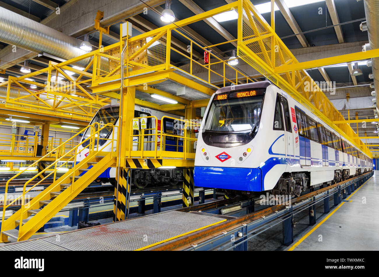 Madrid, Spain - December 25, 2012: The repair depot for trains Metro de Madrid underground railway system. Area of service and repair of wagons and trains .  Stock Photo