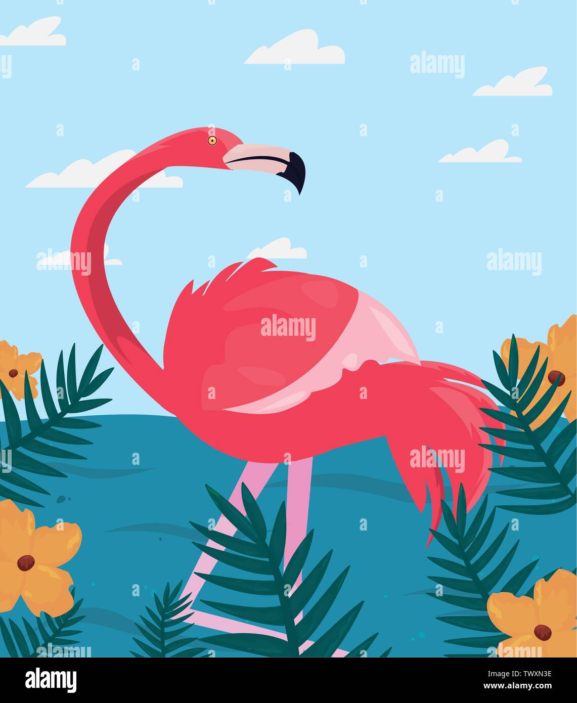 summer time holiday flamingo tropical beach flowers vector illustration ...