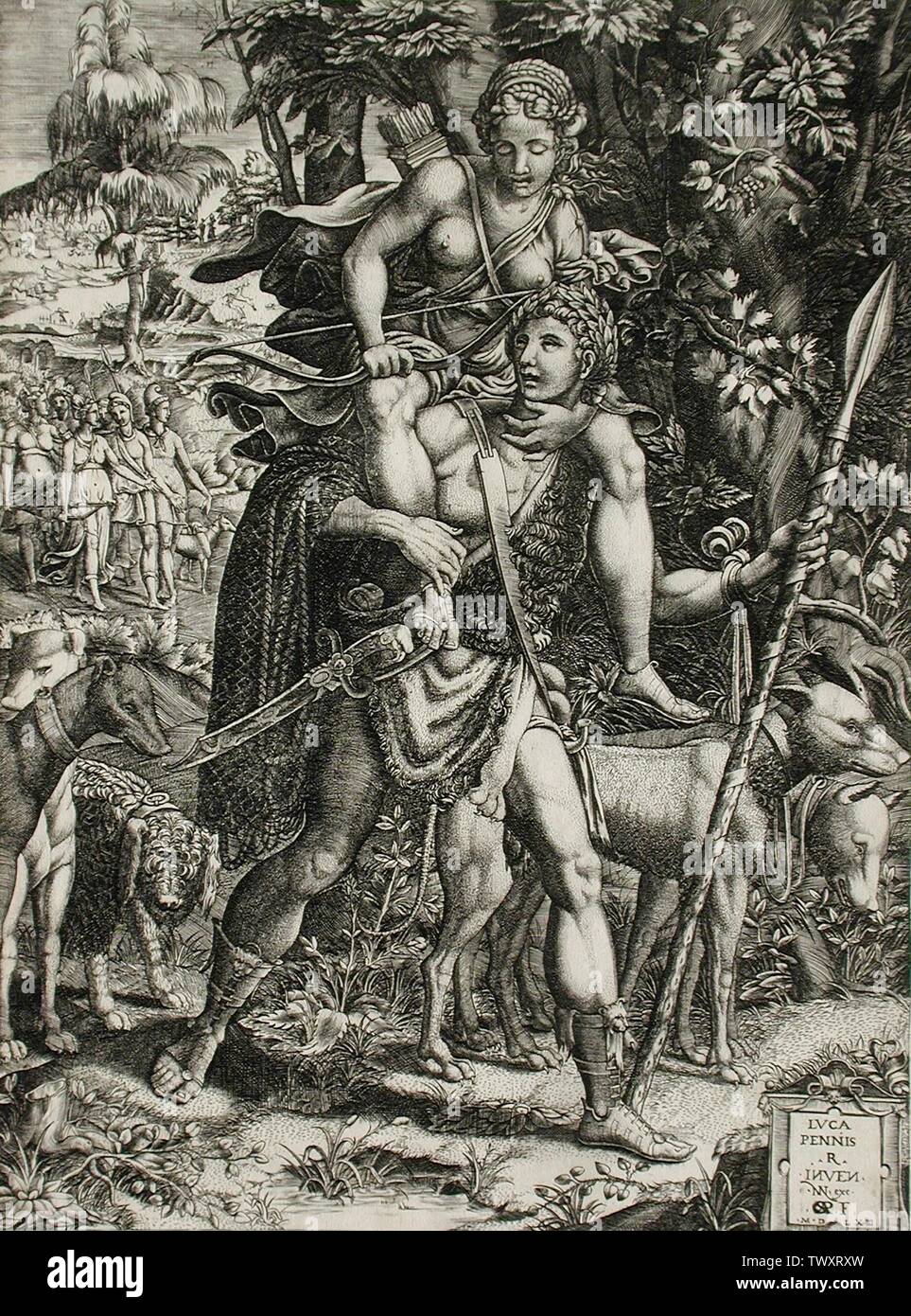 Allegory of the Hunt;  Italy, 1563 Prints; engravings Engraving Sheet: 13 5/16 x 9 7/8 in. (33.81 x 25.08 cm) Mary Stansbury Ruiz Bequest (M.88.91.190) Prints and Drawings; 1563date QS:P571,+1563-00-00T00:00:00Z/9; Stock Photo