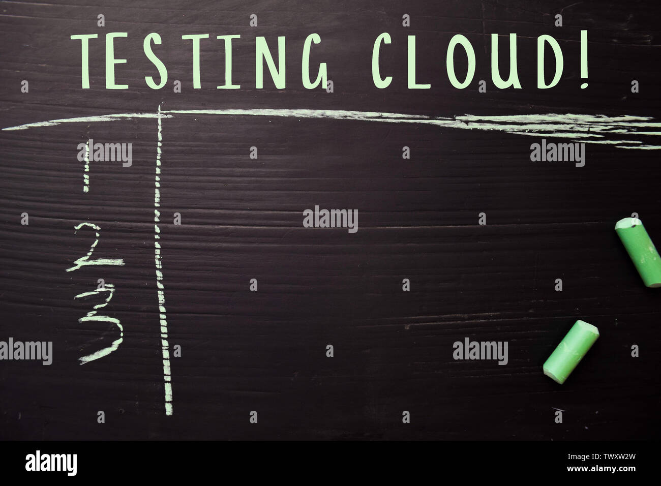 Testing Cloud! written with color chalk. Supported by an additional services. Blackboard concept Stock Photo