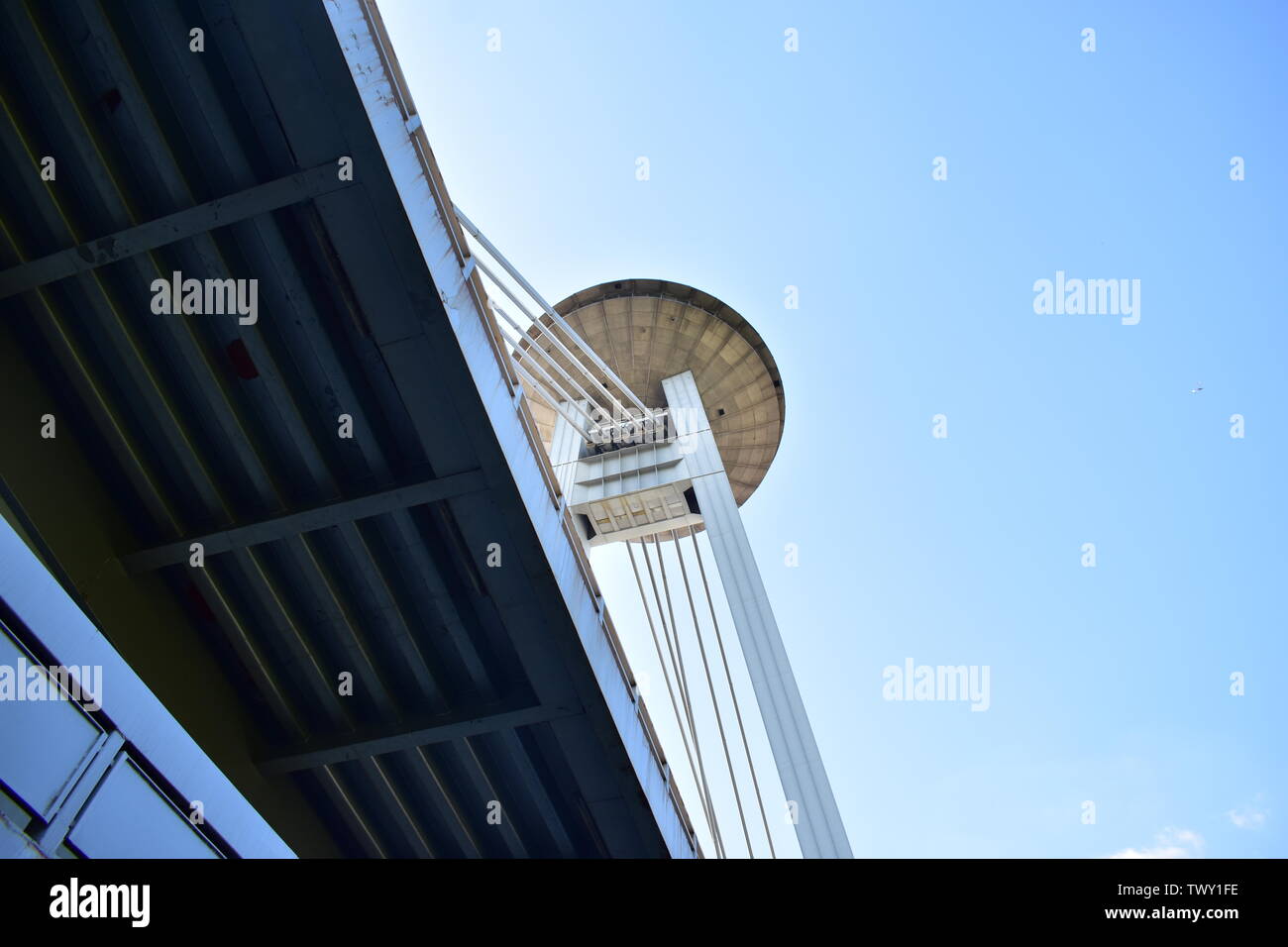 close view of the UFO from down below the Most SNP bridge in Bratislava Slovakia Stock Photo