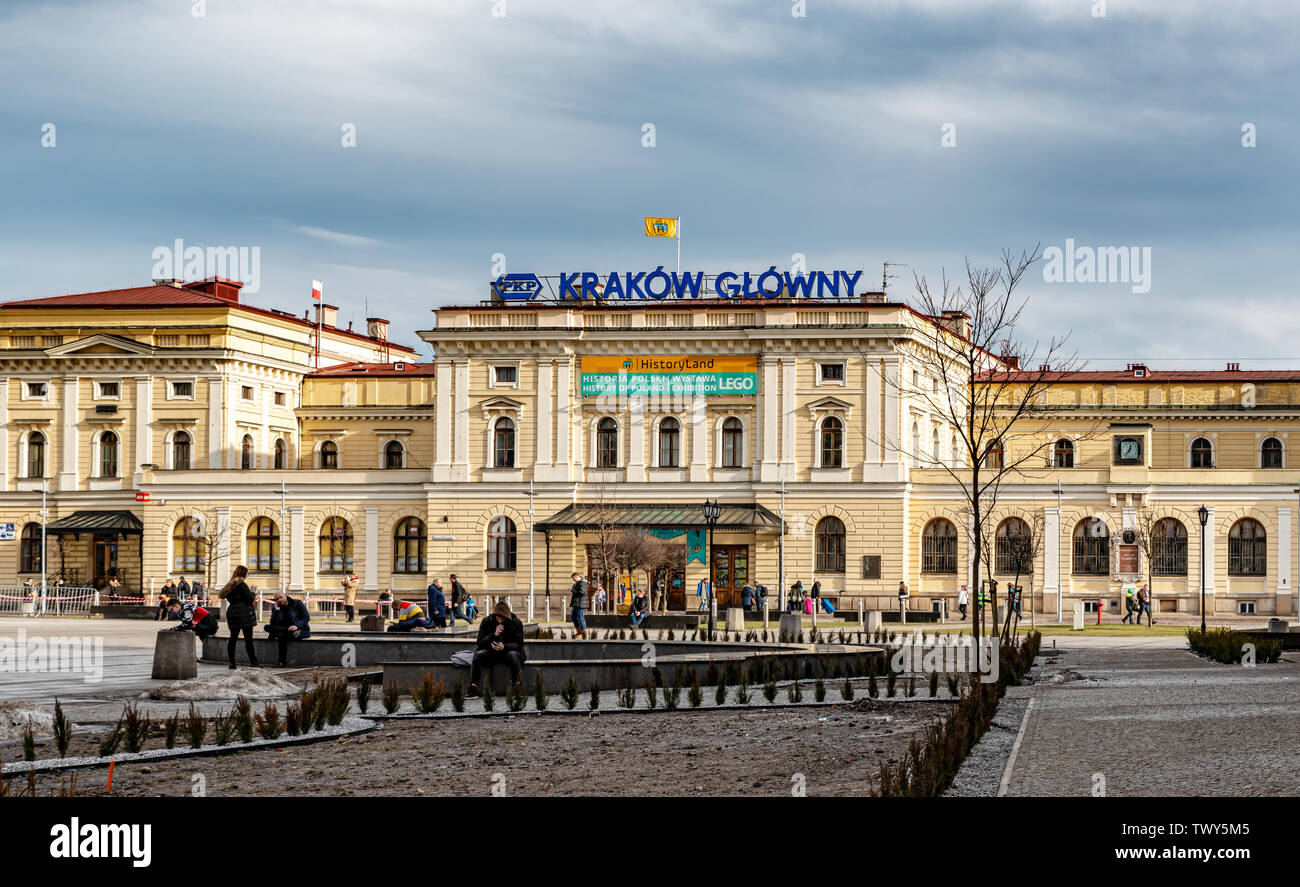 Cracow, Poland - Feb 02, 2019: View at the historic main rail station building in town of Cracow, Poland Stock Photo