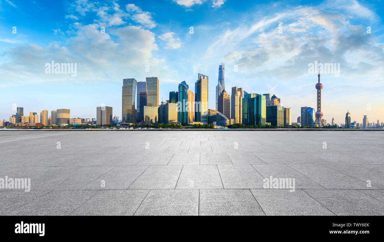 Shanghai Skyline And Modern City Skyscrapers With Empty Floor At Sunset China Stock Photo Alamy