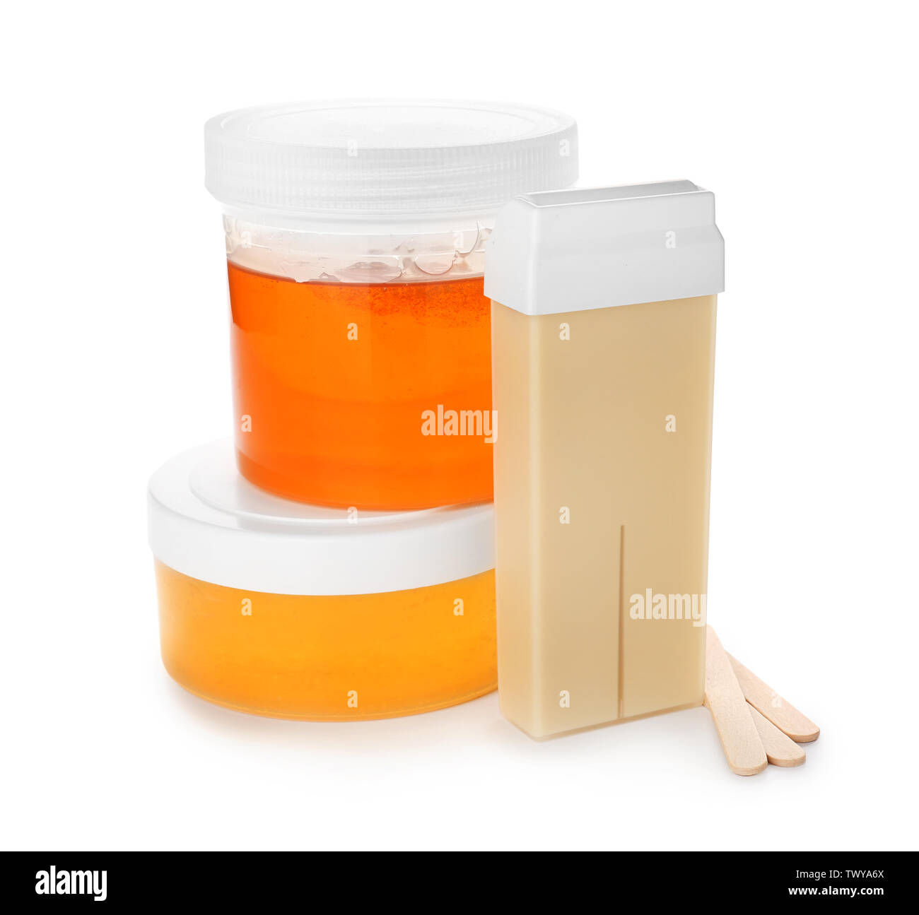 Wax and sugaring paste for hair removing on white background Stock