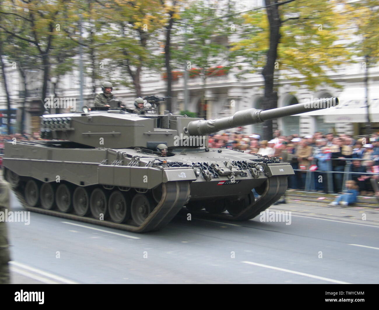 A Leopard 2 A4 of the Austrian Armed Forces (Bundesheer) on Austria's National Day in 2005 Ein Leopard 2 A4 des Bundesheeres am Nationalfeiertag 2005; Taken onÂ 26 October 2005 uploaded to de.pedia on 2009-08-24; own work by Pappenheim from de.pedia http://de.pedia//Datei:Leopard2beiParade2005.jpg (german pedia); Pappenheim; Stock Photo