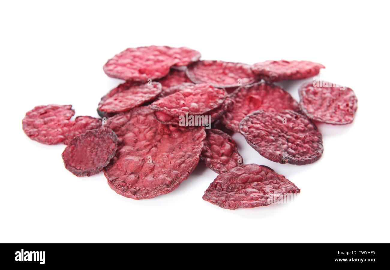 Tasty beet chips on white background Stock Photo