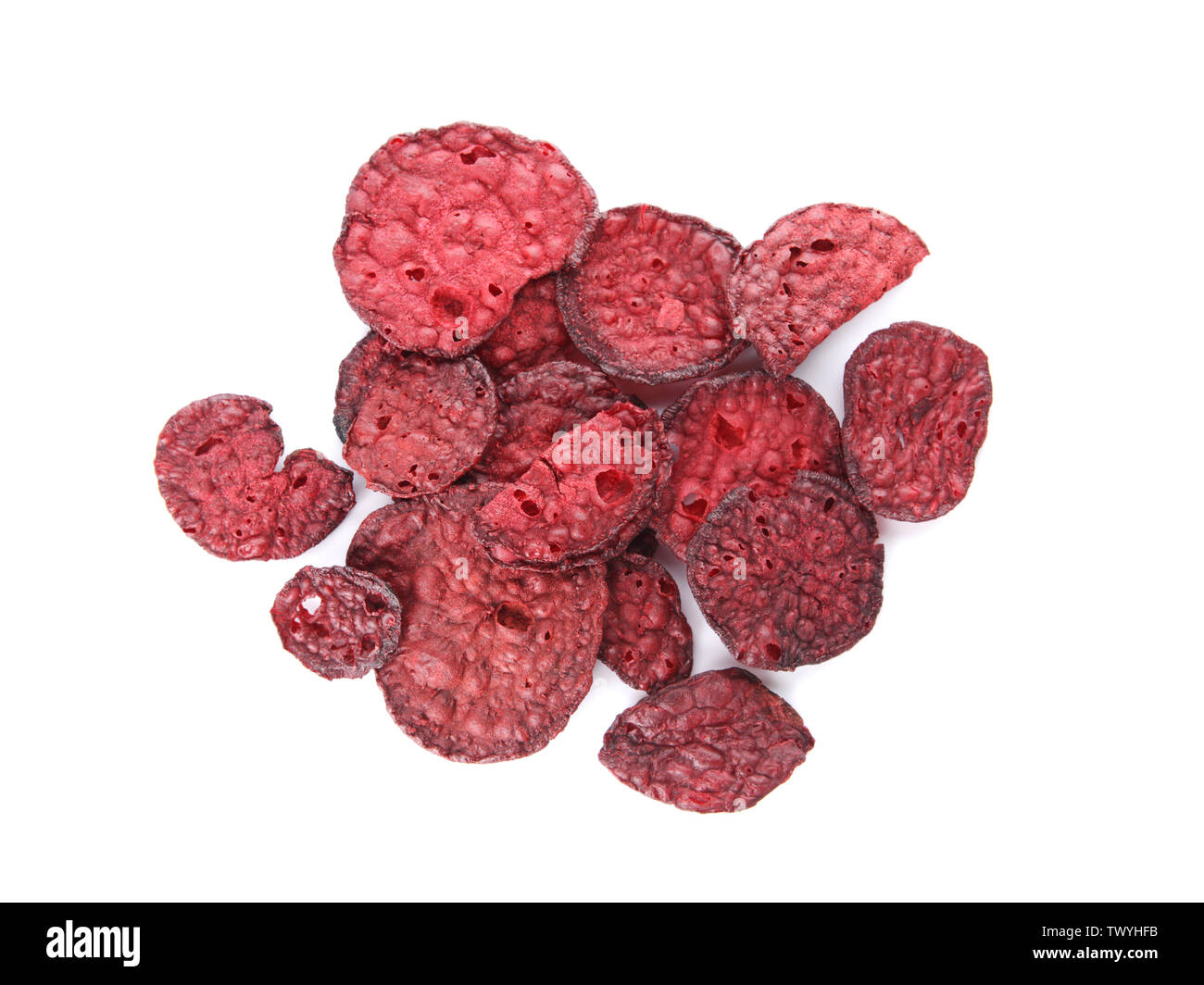 Tasty beet chips on white background Stock Photo