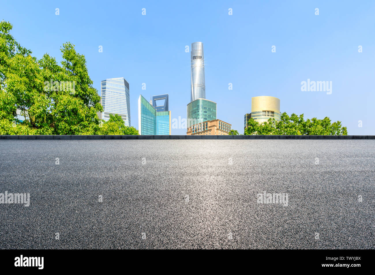 Shanghai city buildings and empty asphalt road Stock Photo
