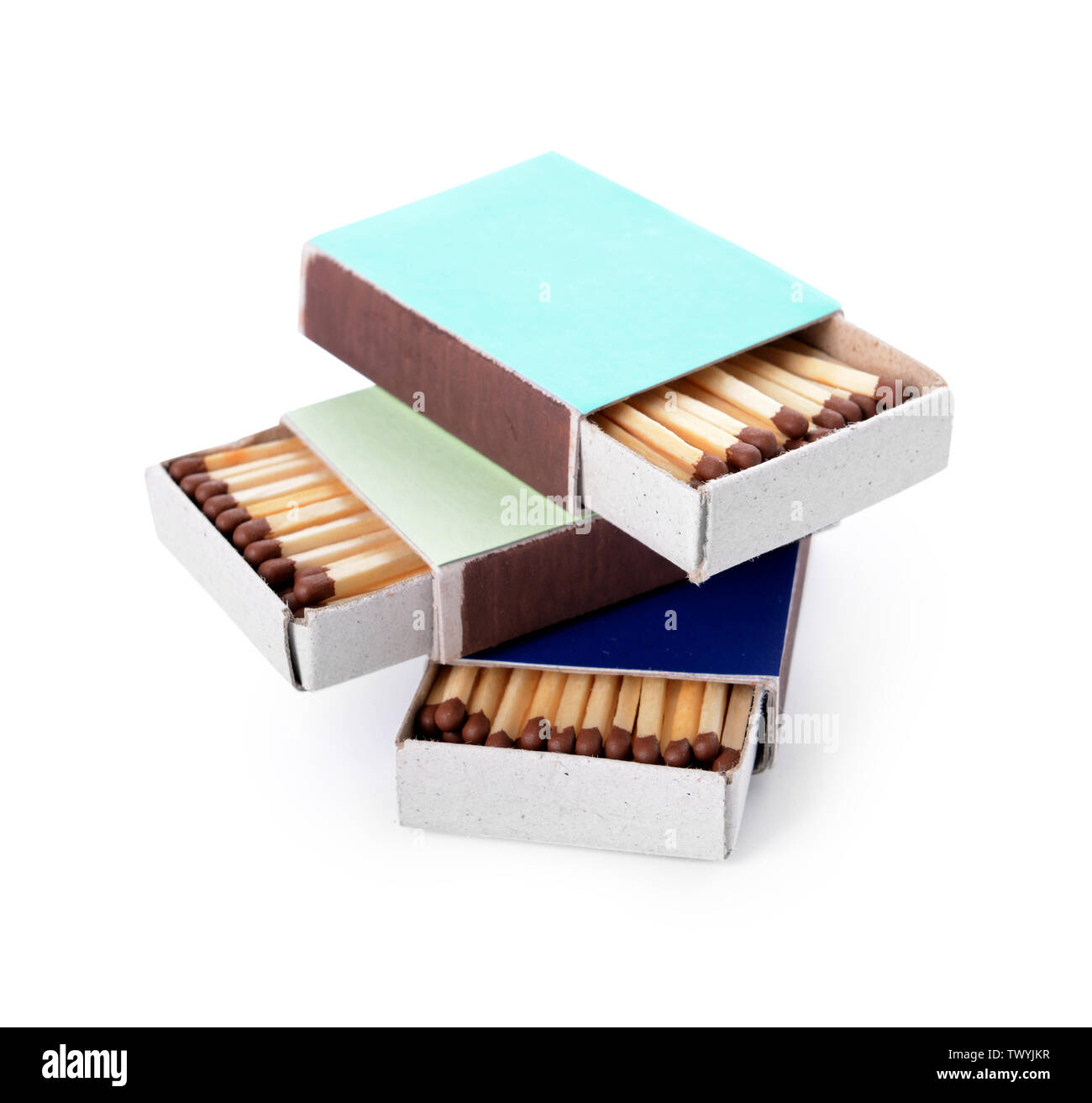Boxes with matches on white background Stock Photo Alamy