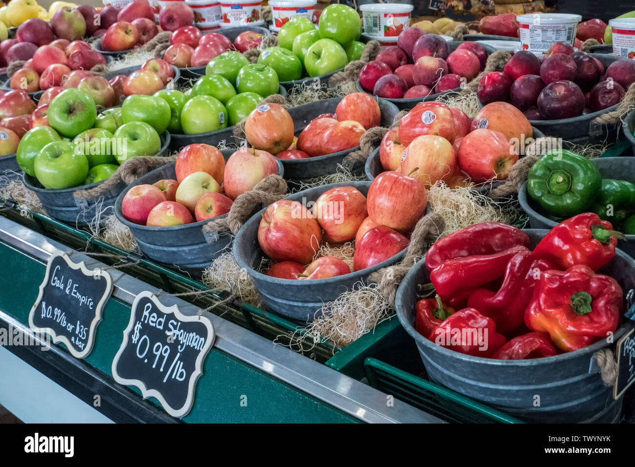 Wenatchee, Washington, USA.  Refrigerated display case of freshly harvested locally grown apples for sale at a produce stand. Stock Photo