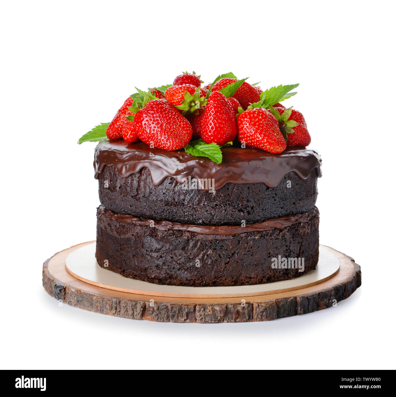 Tasty chocolate cake with strawberry on white background Stock Photo ...