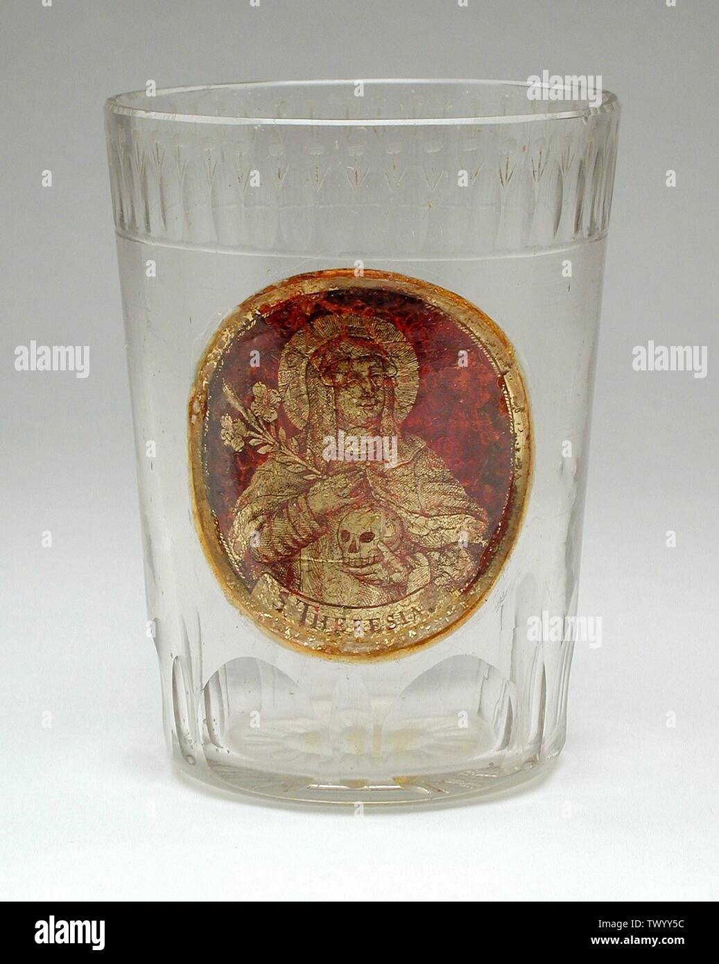Beaker with St. Theresa;  Austria, 1789 Furnishings; Serviceware Glass, gilt Height: 4 in. (10.16 cm) William Randolph Hearst Collection (48.24.42) Decorative Arts and Design; 1789date QS:P571,+1789-00-00T00:00:00Z/9; Stock Photo