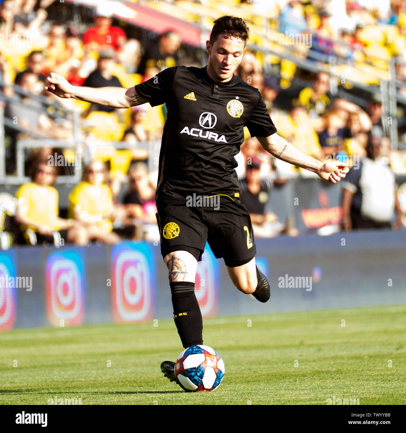 June 23, 2019: Columbus Crew SC midfielder Luis Argudo (2) handles the ball against Sporting Kansas City in their game in Columbus, Ohio, USA. Brent Clark/Alamy Live News Stock Photo