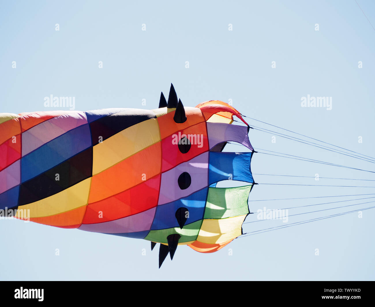 A multicolored kite flying above a Port Aransas, Texas USA beach Stock