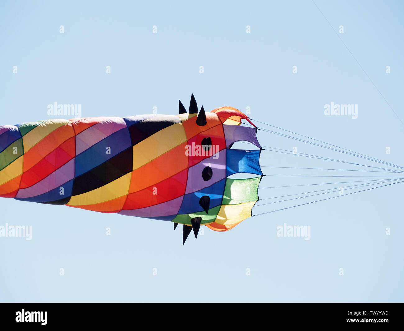 A multicolored kite flying above a Port Aransas, Texas USA beach Stock