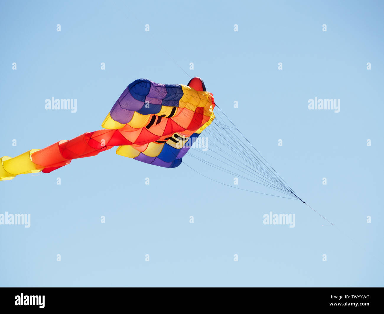 A multicolored kite flying above a Port Aransas, Texas USA beach Stock