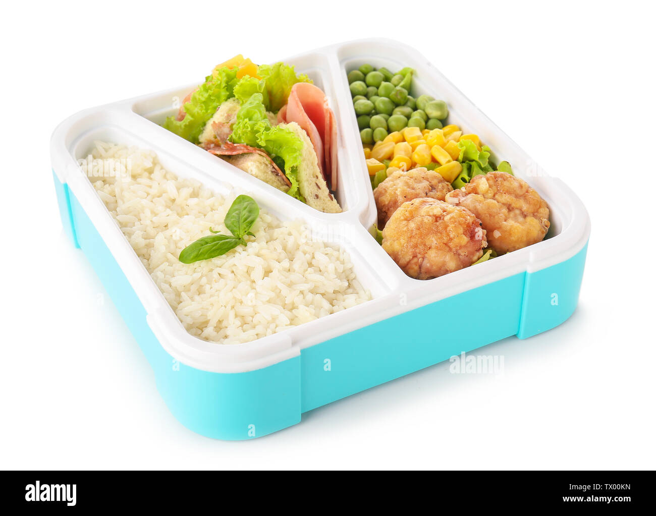 School lunch box with tasty food on white background Stock Photo - Alamy