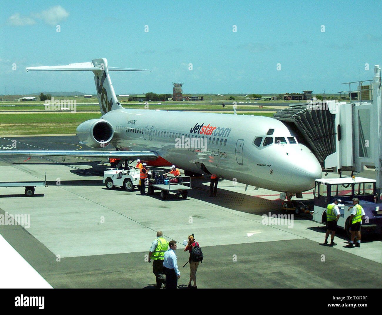 Jetstar's Inaugural Townsville Flight, Boeing 717-200 VH-VQK, docked at Gate 4 at Townsville Airport.; 30 October 2005; w:en:Image:JetstarTSVfirst.jpg; w:en:User:Gertzy; Stock Photo