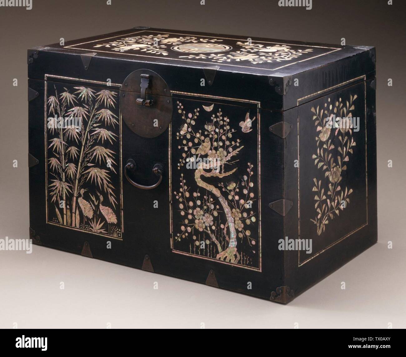 Box With Bamboo Flowers And Birds Korea Joseon Dynasty 1392 1910 19th Century Furnishings Accessories Black Lacquer On Wood Core With Mother Of Pearl Inlay And Metal Fittings 11 7 8 X 18 X 11 1 2
