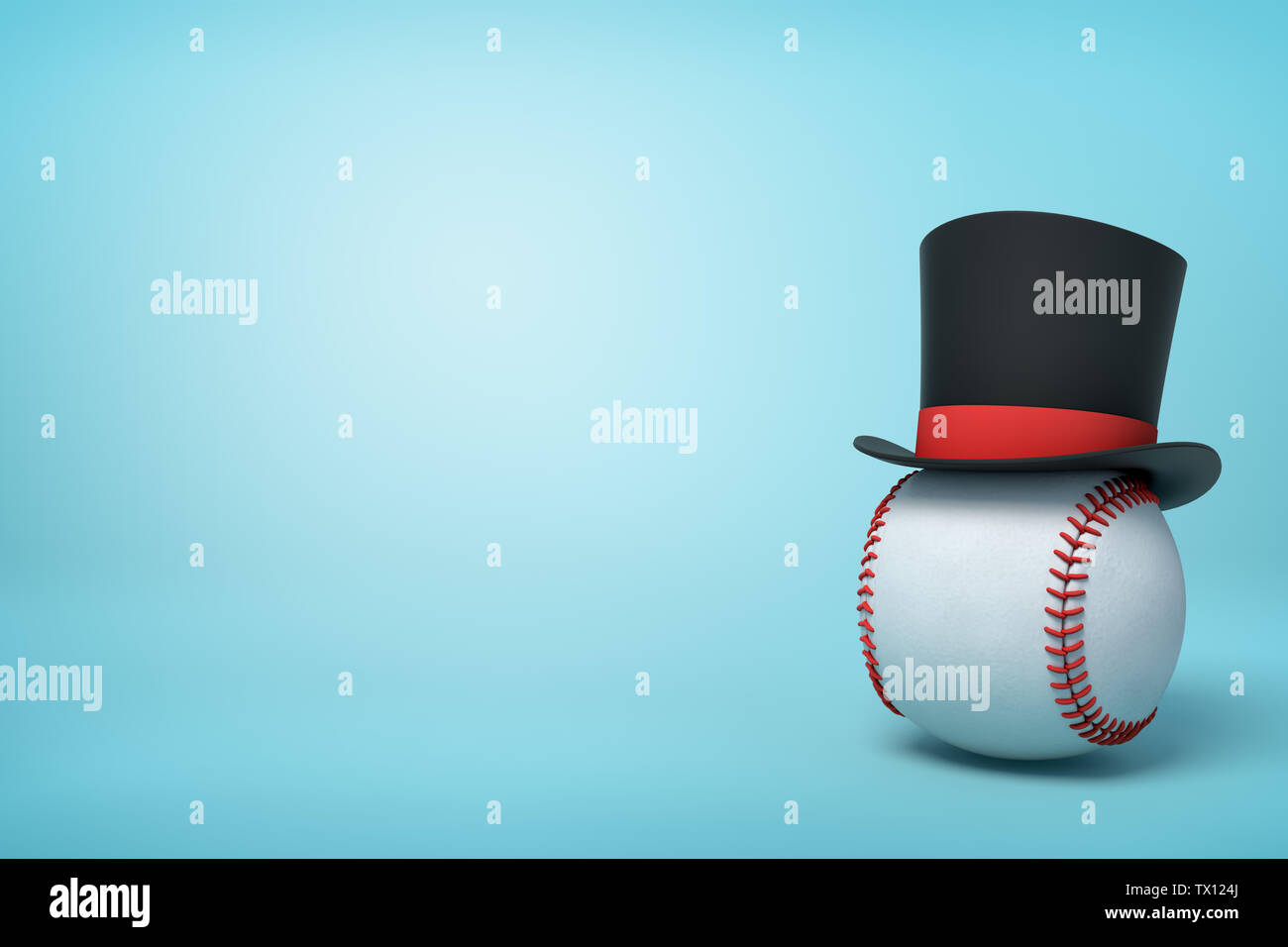 3d rendering of baseball wearing black tophat with much copy space on the rest of light blue background. Baseball is best game. Baseball is above all. Stock Photo