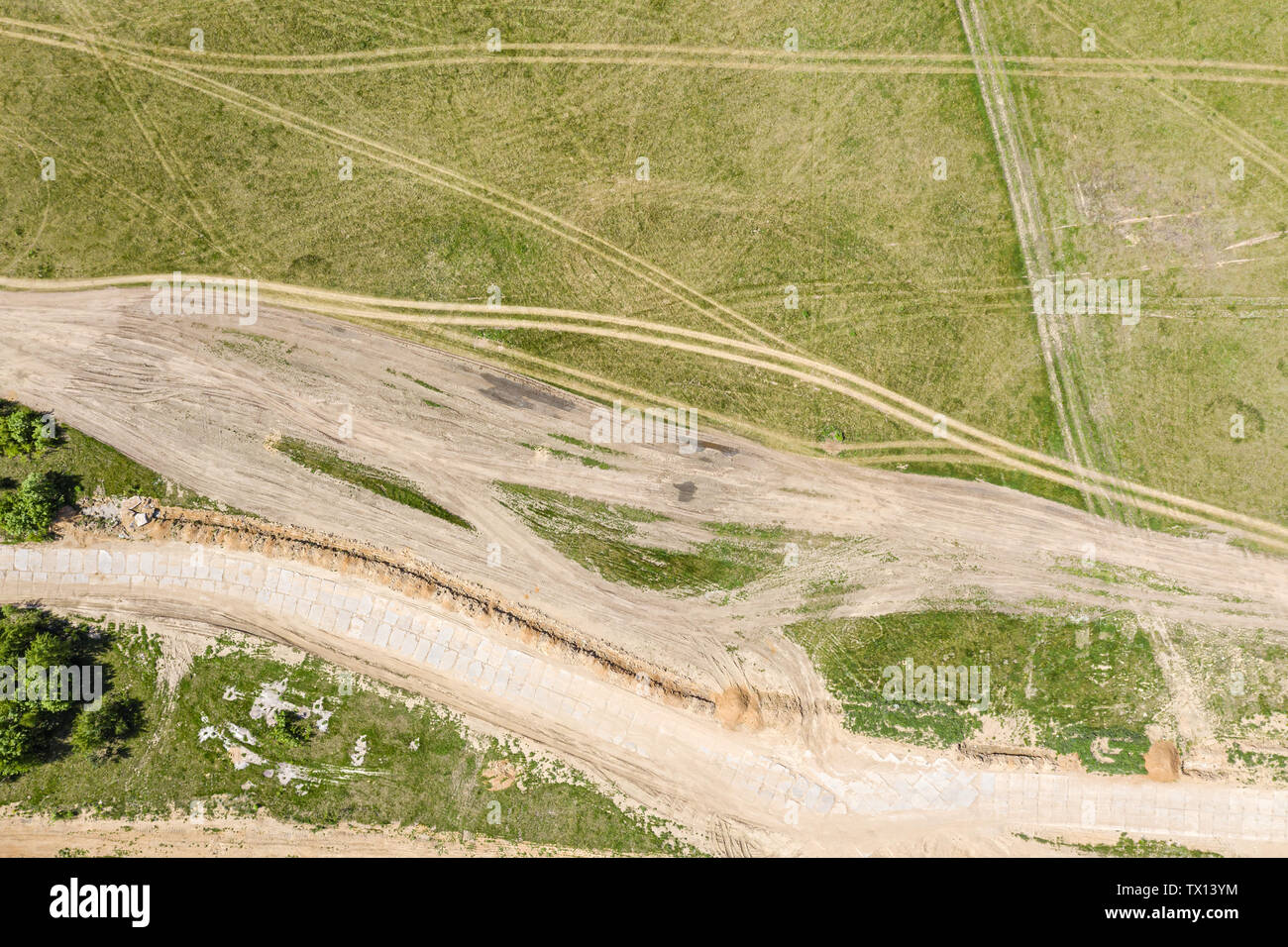 aerial view of dirt racetrack for off road vehicles. scenic countryside