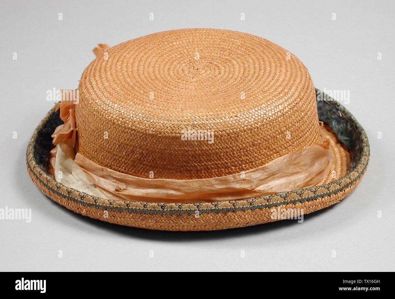 Child's Pork-pie Hat; Probably United States, late 19th century Costumes;  Accessories Plaited natural straw, silk ribbon Gift of Mrs. Margaret Elm  Bryner (41.11.34) Costume and Textiles; Late 19th century Stock Photo -