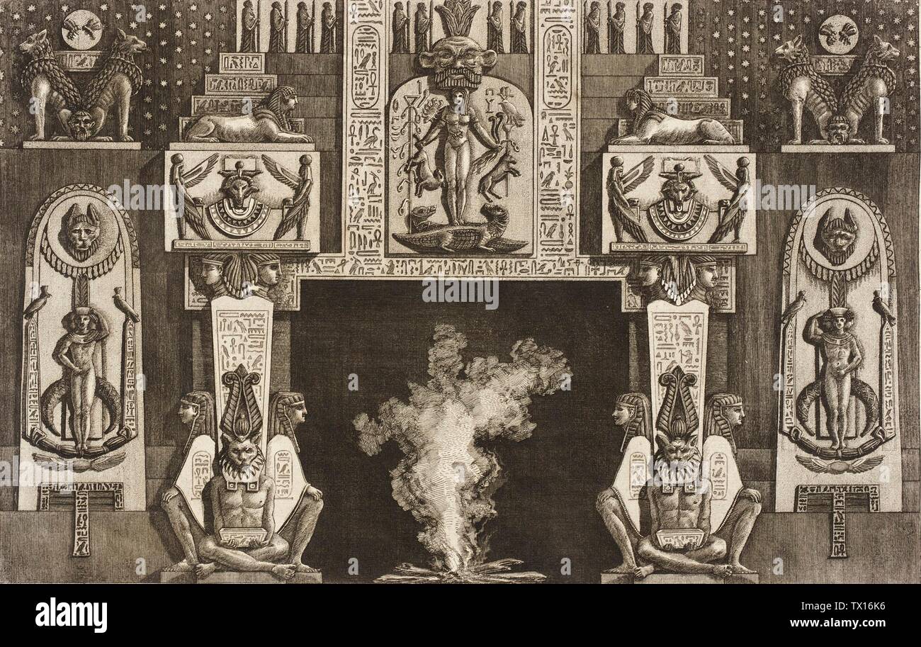Chimneypiece in the Egyptian style: Groups of three crouching figures on each jamb.;  Italy, 1769 Series: Divesre Maniere d'adornare i cammini... Prints; engravings Etching Sheet: 16 1/8 x 21 3/4 in. (40.96 x 55.24 cm); plate: 15 x 9 3/4 in. (38.1 x 24.76 cm) Purchased with funds raised through the International Fine Art Print Dealers Fair (AC1999.142.3) Prints and Drawings; 1769date QS:P571,+1769-00-00T00:00:00Z/9; Stock Photo